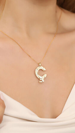 14 Ayar Altın Kalemli Parlak Ç Harfi Kolye Ucu