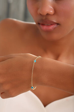 14 Ayar Altın Doç Zincirli Çift Gözlü Bileklik