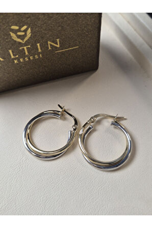 14 Ayar Altın Bombeli Ikili Halka Küpe Sarı-Beyaz 2 Cm