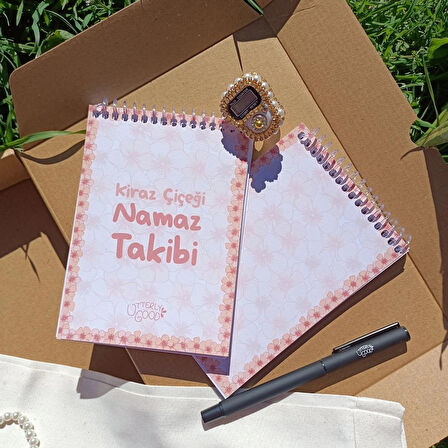 Manevi Koleksiyon Seti | Kiraz Çiçeği Namaz Takibi Defteri | Kalem | Zikirmatik | Tespih | Bez Çanta Hediyeli
