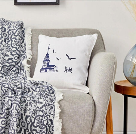 Karaca Home Kız Kulesi Indigo Throw Battaniye Kırlent Set 