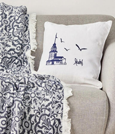 Karaca Home Kız Kulesi Indigo Throw Battaniye Kırlent Set 