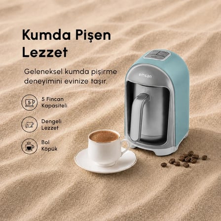 Emsan Kumda Türk Kahve Makinesi Tiffany Blue 5 Fincan Kapasiteli 735 W