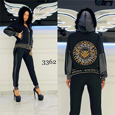 Derili Kürklü Crystal Taşlı Eşofman Takımı - SİYAH GOLD