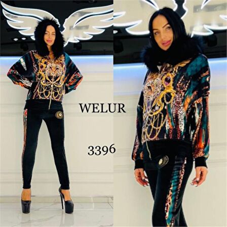 Karışık Desen Leopar Crystal Taşlı Kadife Eşofman Takımı - YEŞİL