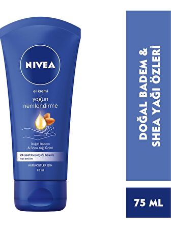 NIVEA Yoğun Nemlendirici El  Kremi 75ml Doğal Badem Yağı ve Shea Yağı Özleri 24 Saat Besleyici Bakım Yoğun Nemlendirme Kuru Ciltler İçin