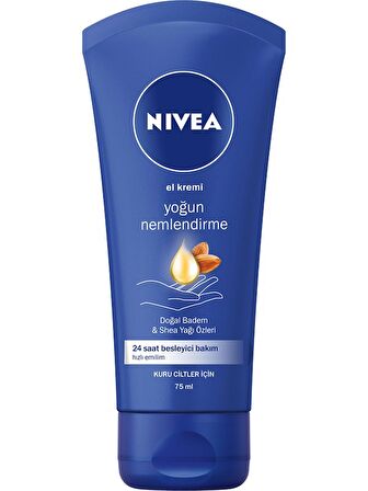 NIVEA Yoğun Nemlendirici El  Kremi 75ml Doğal Badem Yağı ve Shea Yağı Özleri 24 Saat Besleyici Bakım Yoğun Nemlendirme Kuru Ciltler İçin