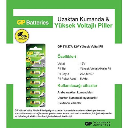 GP 27A-2C5 12V ALKALİN PİL 5 Li