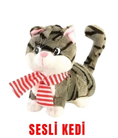 Miyavlayan Sesli Gri Beyaz Desenli Peluş Kedi Atkılı miyvalayan-gri-atkılı-kedi