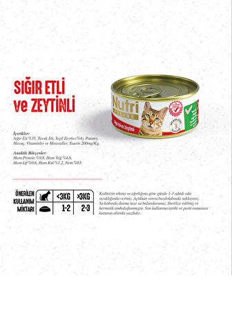 Nutri Feline 85Gr Sığır Etli Zeytinli 12Adet Yaş Kedi Maması