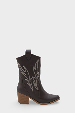 Kadın Sivri Burun Nakışlı Western Günlük Topuklu Bot Sovey Kahve