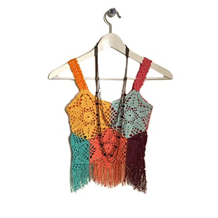 Pafuli El Örgüsü Kroşe Büstiyer Gökkuşağı (38-40 Beden)