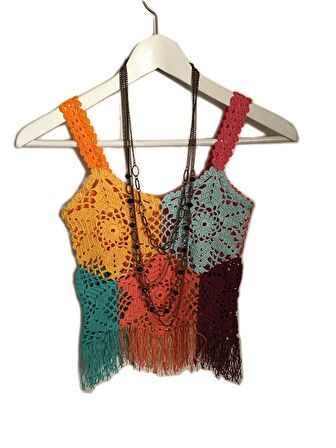 Pafuli El Örgüsü Kroşe Büstiyer Gökkuşağı (38-40 Beden)