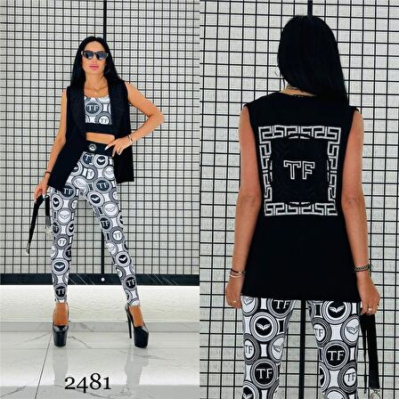 Crop Yelek Kemer Crystal Taşlı Üçlü Takım - EKRU