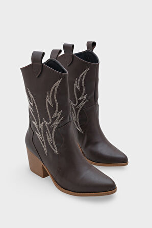 Kadın Sivri Burun Nakışlı Western Günlük Topuklu Bot Sovey Kahve