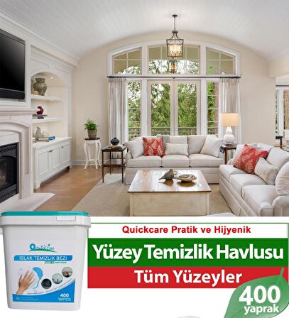 QUICKCARE Dezenfektanlı Yüzey Temizlik Havlusu 400 Yaprak, Kova Mendil Beyaz Sabun Kokulu