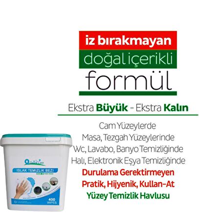 QUICKCARE Dezenfektanlı Yüzey Temizlik Havlusu 400 Yaprak, Kova Mendil Beyaz Sabun Kokulu