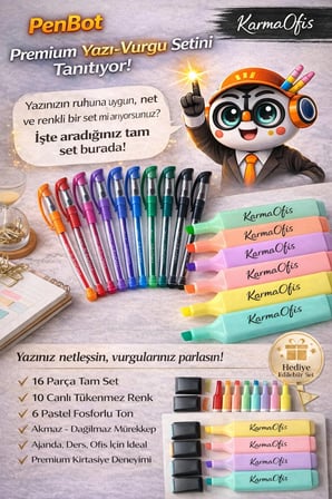 10 Renk Tükenmez Kalem+6 Pastel Fosforlu Kalem | Akmaz Dağılmaz | Ajanda, Ders & Ofis İçin 16’lı Set