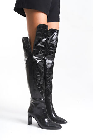 Kadın Diz Üstü  Yandan Fermuarlı Topuklu Kroko Çizme Mara Siyah