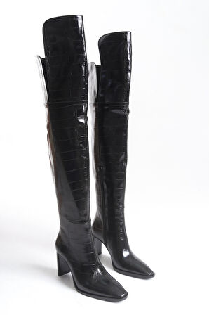 Kadın Diz Üstü  Yandan Fermuarlı Topuklu Kroko Çizme Mara Siyah