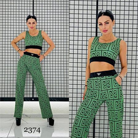 Bel Taş Labirent Crop Crystal Taşlı Eşofman Takımı - YEŞİL