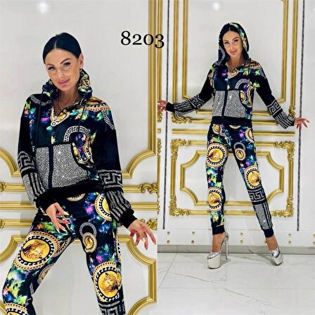 Neon Crystal Taşlı Kadife Eşofman Takımı - SİYAH