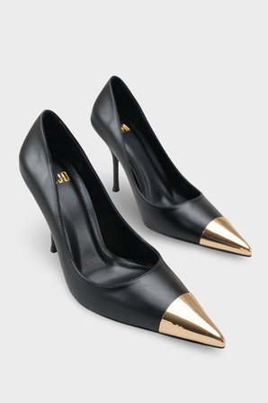 Kadın Stiletto Sivri Burun Altın Metal Toka Detaylı Günlük Topuklu Ayakkabı Diena Siyah