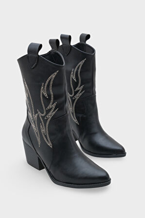 Kadın Sivri Burun Nakışlı Western Günlük Topuklu Bot Sovey Siyah