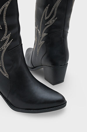 Kadın Sivri Burun Nakışlı Western Günlük Topuklu Bot Sovey Siyah