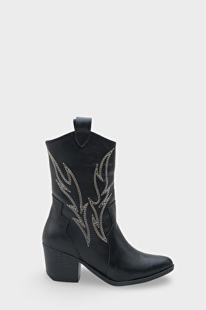 Kadın Sivri Burun Nakışlı Western Günlük Topuklu Bot Sovey Siyah