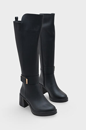 Kadın Kalın Taban Tokalı Topuklu Günlük Çizme Acos Siyah