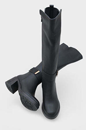 Kadın Kalın Taban Tokalı Topuklu Günlük Çizme Acos Siyah