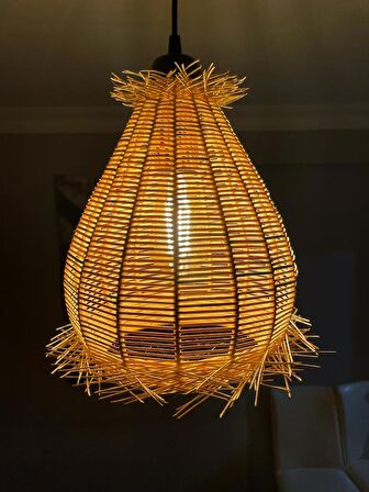 Mady Aksesuar Hasır, Rattan, Bambu Avize 30 cm -Bohem Aydınlatma-Mutfak,Antre,Salon,Ofis