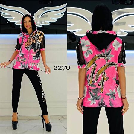 Tf Kaplan Crystal Taşlı Eşofman Takımı - FUŞYA