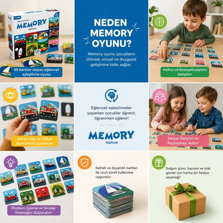 Bakgelal Memory Taşıtlar Hafıza Kartı Oyunu – 48 Kartlı Eğitici Eşleştirme ve Zeka Oyunu