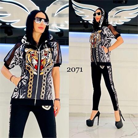 Kaplan Fermuar Crystal Taşlı Eşofman Takımı - SİYAH