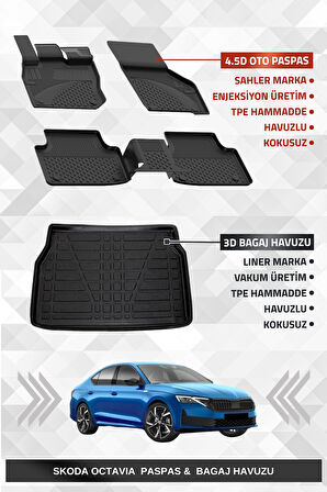 Sahler Skoda Octavia 2020+ Uyumlu 4.5D Premium Havuzlu Oto Paspas ve Liner Marka 3D Bagaj Havuzu