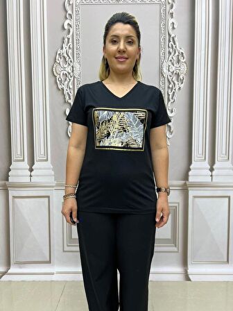 Çerçeveli Yaprak Tshirt - SİYAH