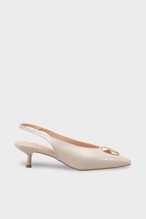 Kadın Stiletto Altın Tokalı Sivri Burun Arkası Açık Topuklu Ayakkabı Jaris Bej