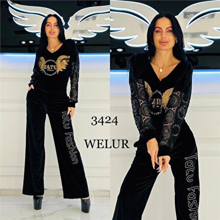 Kolları Pul İspanyol Paça Crystal Taşlı Kadife Eşofman Takımı - SİYAH GOLD