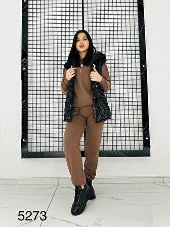 Kapşonlu Önden Düğmeli Şişme Yelekli Crystal Taşlı Üçlü Takım - KAHVE