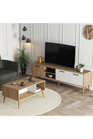 Set 1585-2074 Exxen 180 Cm Tv Ünitesi Exxen Orta Sehpa (AHŞAP AYAKLI) - Sepet-beyaz Rengi