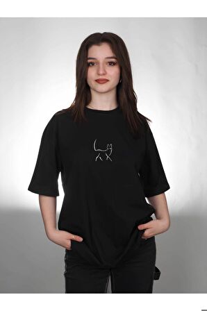 Kedi Cat Özel Tasarım Baskılı Siyah Oversize Kadın Tişört T-shirt