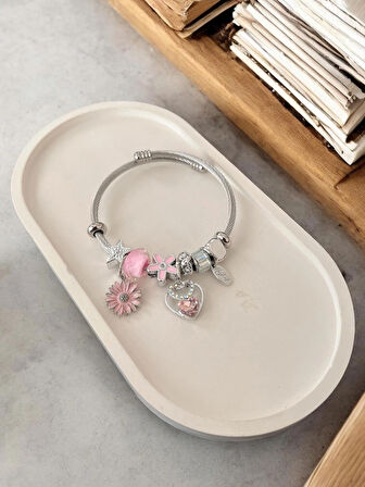 Çelik Gümüş Renk Pandora Pembe Charm Bileklik