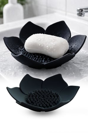 Lotus Desenli Siyah Silikon Sabunluk Su Giderli Şık Sabun ve Sünger Tutacağı Aparatı