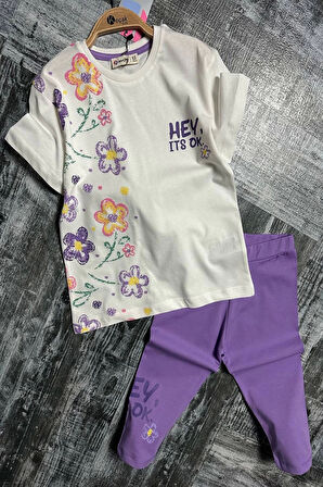 Yeni Sezon Çiçek Desenli Lila Renk Kapri Taytlı Kız Çocuk Takım