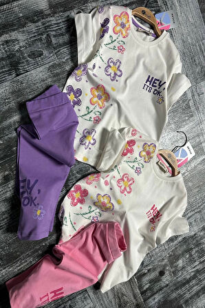 Yeni Sezon Çiçek Desenli Lila Renk Kapri Taytlı Kız Çocuk Takım