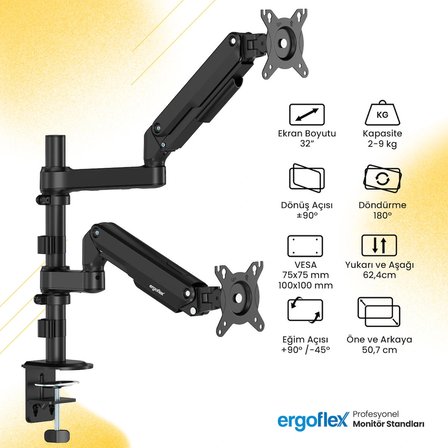 Ergoflex S16 Çift Kol 22-35inch Amortisörlü 2-9 kg Monitör Standı 2026 Versiyon Gri