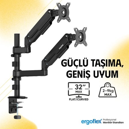 Ergoflex S16 Çift Kol 22-35inch Amortisörlü 2-9 kg Monitör Standı 2026 Versiyon Gri