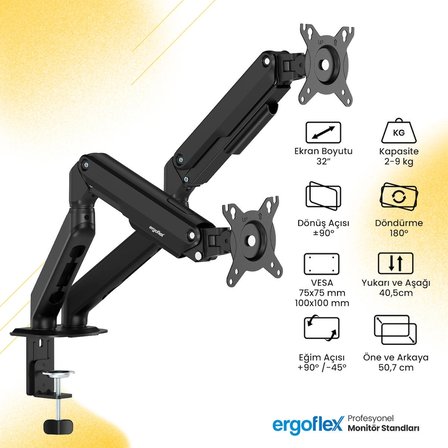 Ergoflex EF X16 Çift Kol 17-32 inch 2-9 kg Amortisörlü Monitör Standı 2026 Versiyon
